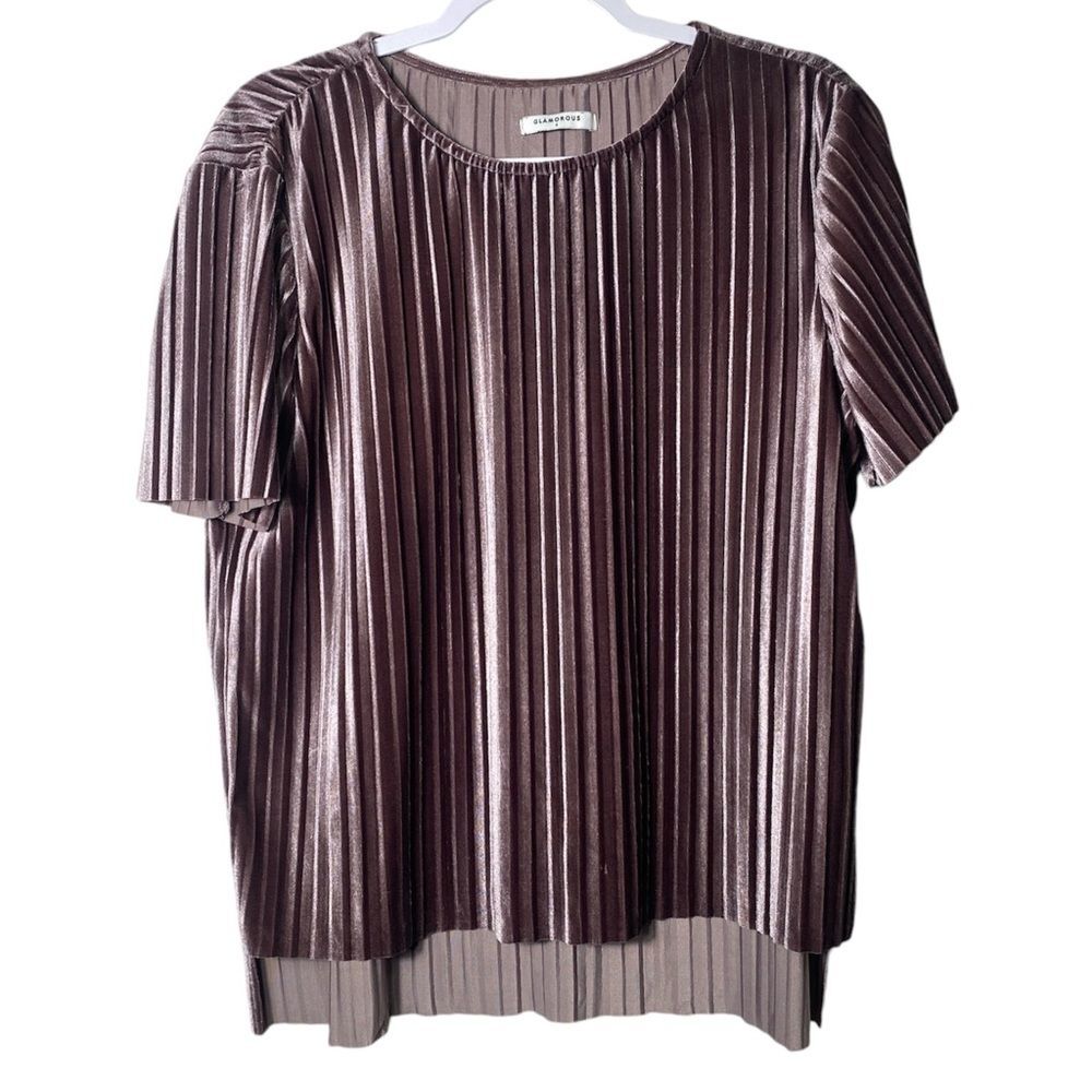 GLAMOROUS Purple Pleated Velour Short Sleeve High Low Hem Blouse Women's Size 8